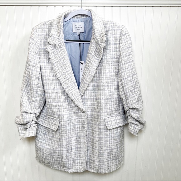 Maison d’Amelie NWT White & Pale Blue Tweed Longline Blazer Jacket Size 12 - Picture 1 of 5